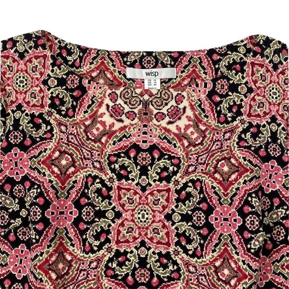 Wisp Stitch Fix 3/4 Sleeve Dress Womens Size 14 Midi Round Neck Border Print Red - Picture 3 of 7